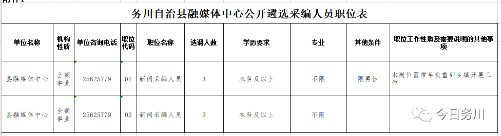 务川自治县融媒体中心公开遴选采编人员职位表